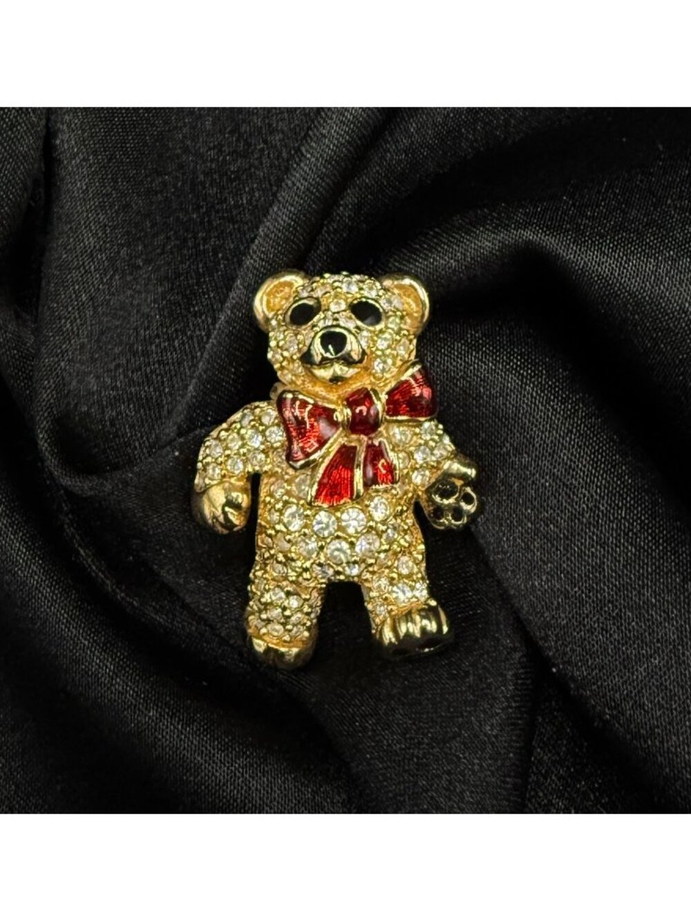 Vintage 1990s Swarovski Signed Bear Brooch With Red Bow & Crystal Accents